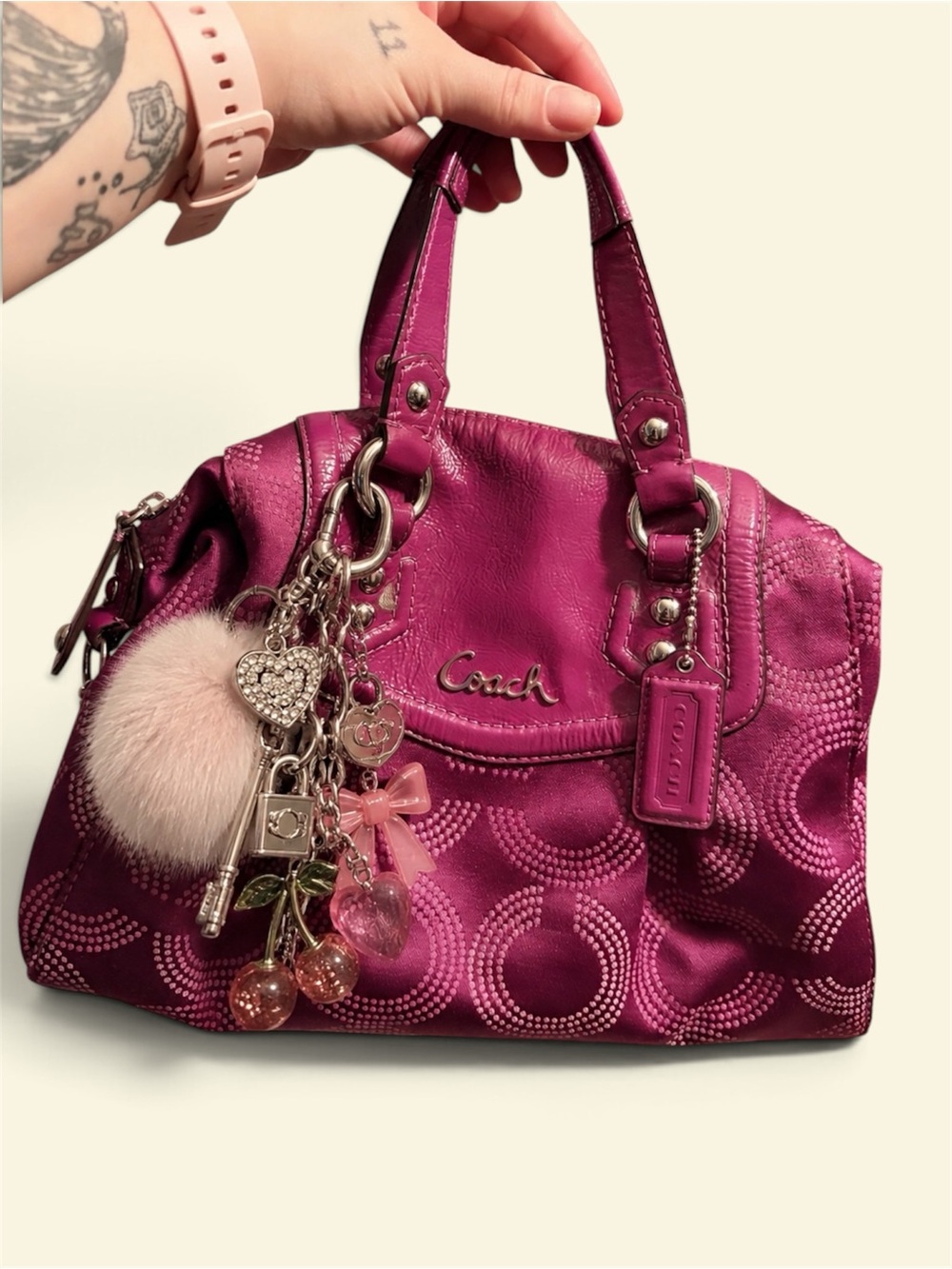 Coach Pink-Magenta Signature Satchel with Charm Pom Pom